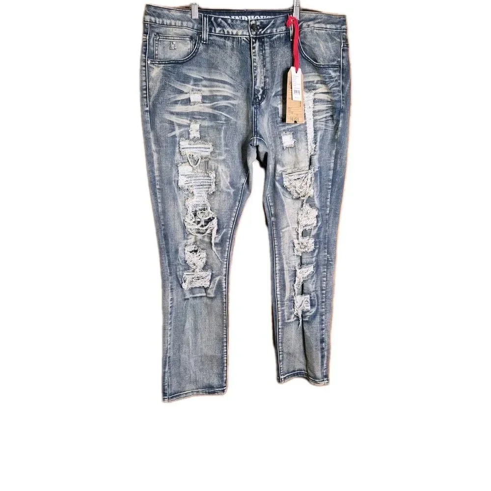 Grindhouse Denim Mens 40x32 Distressed Blue Jeans Stretchy Ripped High Rise NWT - Picture 1 of 12